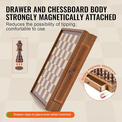 VEVOR Solid Wood Chess Set 15 inch 2-in-1 Chess Checkers Game Set Chess Board Games with Storage Drawer &amp Weighted Chess Checkers Pieces &amp 2 Queens Christmas Crafts Xmas Gift