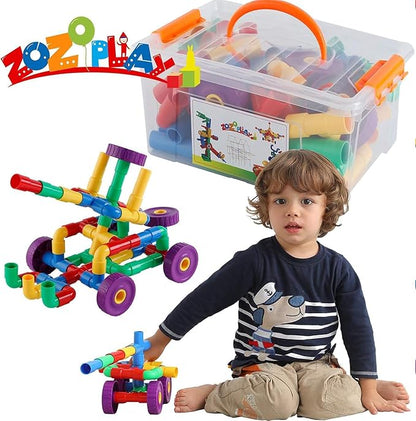 ZOZOPLAY STEM Learning Toy Tubular Pipes &amp Spouts &amp Joints 64 Piece Build Bicycle Tank Scootie Moter Skills Endless Designs Educational Building Blocks Set for Kid Ages 3+ Multicolor