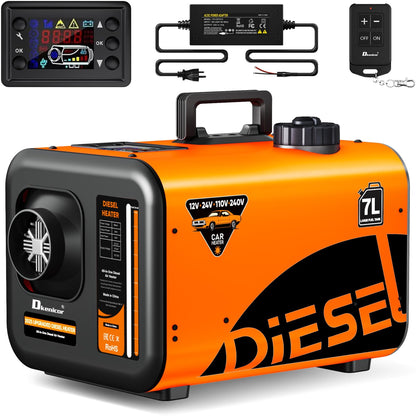 Dkenicor 7L Diesel Heater 240V/110V/12V/24V, All-in-One 8KW Diesel Air Heater with LCD Monitor, Fast Heating for Tents, Cars, RVs, Trucks, Campers, Trailers, Orange (Only Tool No Battery)