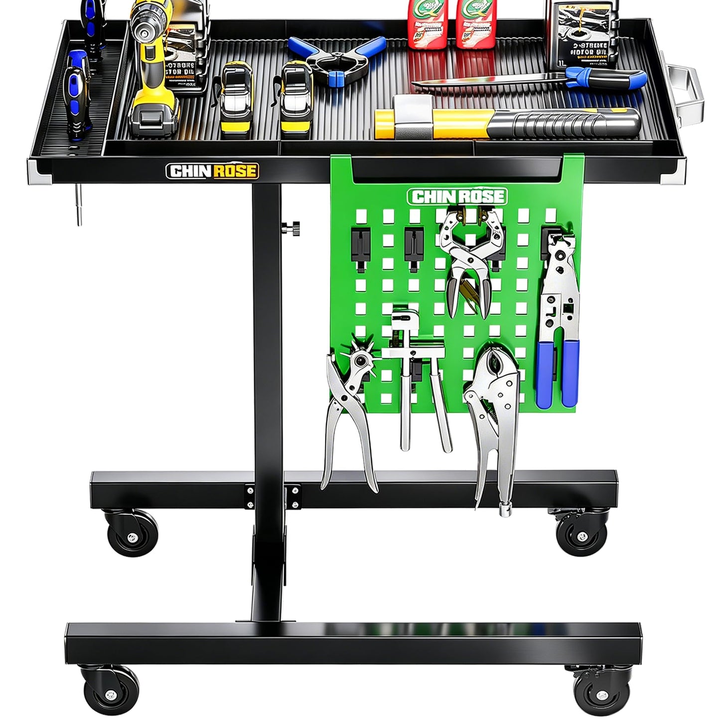 Adjustable Height Mobile Work Table with Rolling Wheels, Rolling Tray Table for Mechanics, Garages, Repair Shops, Warehouse, Workshop, and DIY
