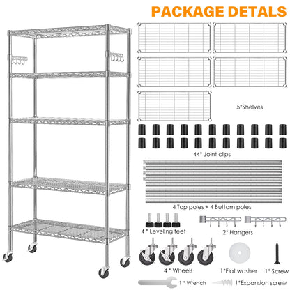 YNN Storage Shelves,1750Lbs 5 Tier Heavy Duty Metal Rolling Shelving Unit with Wheels & 8 Hooks, Adjustable Garage Wire Rack for Kitchen, Bathroom,Industrial,Pantry(36" W x 14" D x 72" H, Chrome)