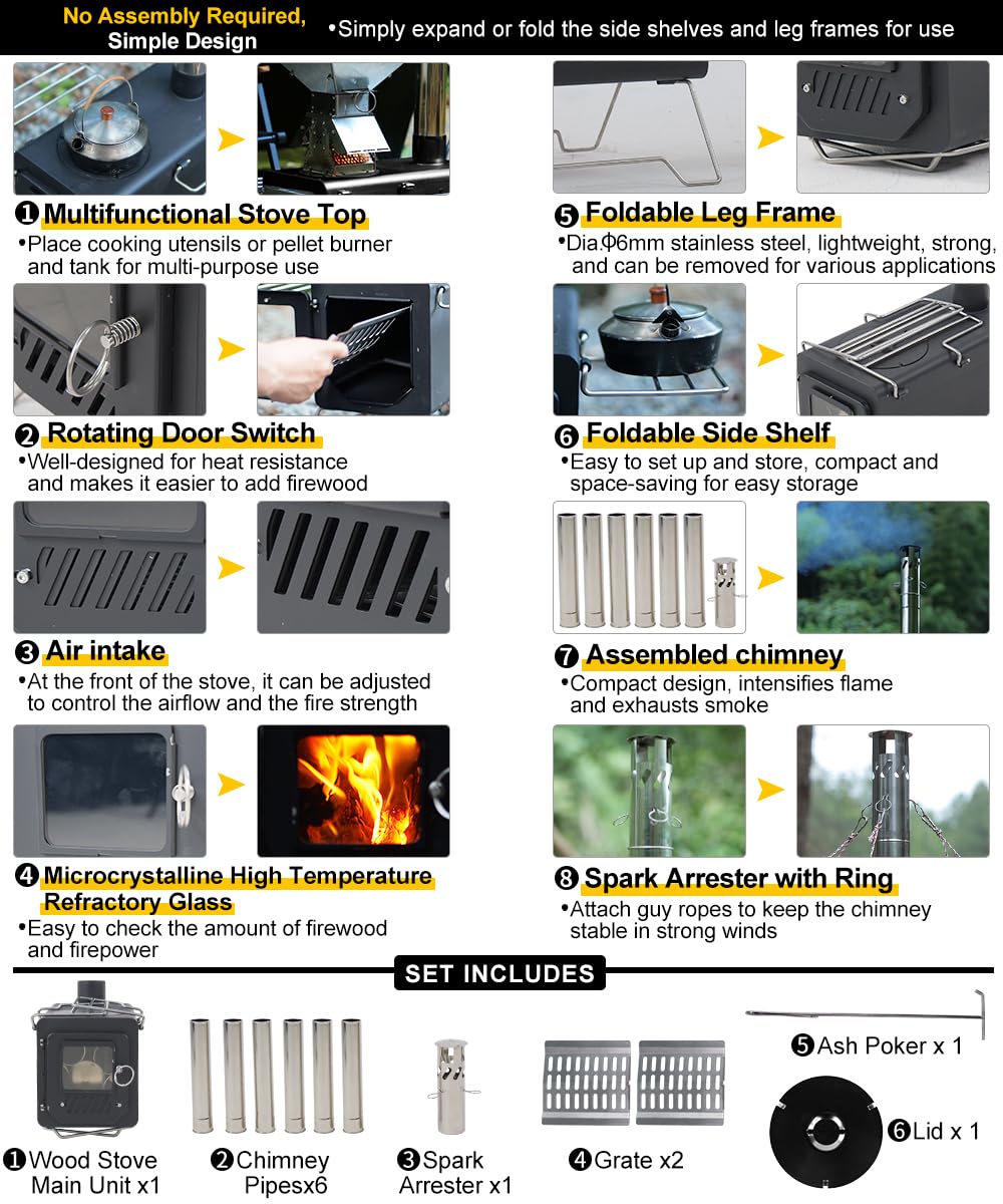 Soomloom Firewood Stove PROTO Heat-Resistant Paint Camping Pellets Combi Carbon Steel Compact Tent Cooking Barbecue BBQ Campfire Chimney Portable Camp Outdoor Heating Hybrid Stove