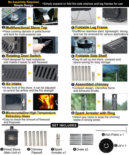 Soomloom Firewood Stove PROTO Heat-Resistant Paint Camping Pellets Combi Carbon Steel Compact Tent Cooking Barbecue BBQ Campfire Chimney Portable Camp Outdoor Heating Hybrid Stove