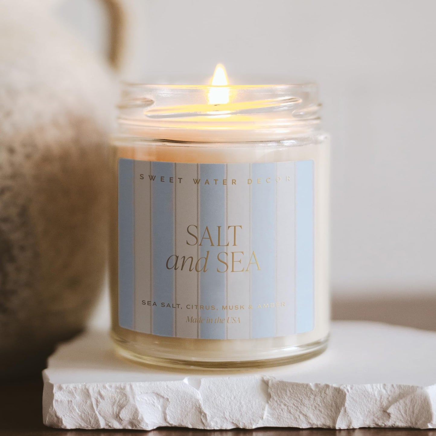 Sweet Water Decor Salt and Sea Patterned Candle – Soy Candles with Sea Salt, Citrus, Musk, Amber Aroma– 40 Hour Burn – 9oz Clear Glass Jar – Ocean Summer Candles for Home Decor