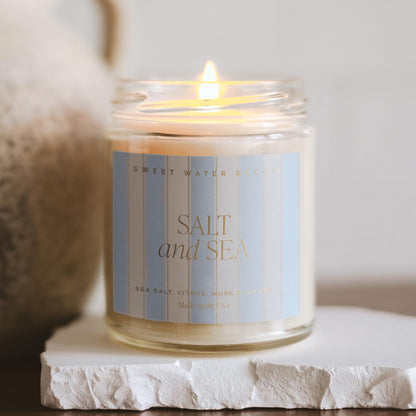 Sweet Water Decor Salt and Sea Patterned Candle – Soy Candles with Sea Salt, Citrus, Musk, Amber Aroma– 40 Hour Burn – 9oz Clear Glass Jar – Ocean Summer Candles for Home Decor