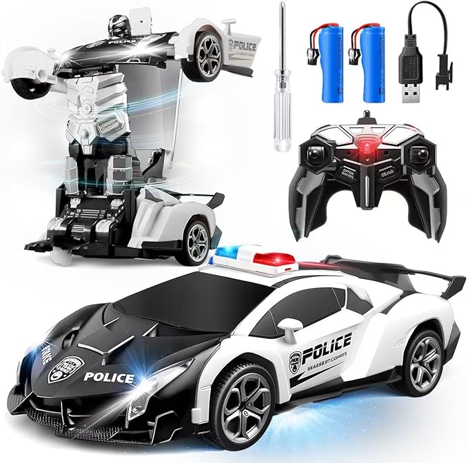 Transforming Remote Control Car Transform Robot Toys for Boys 3-8 Years Old Rechargeable RC Police Car with Lights 2.4Ghz Deformation 360° Rotating Race Kids Toys Easter Gifts