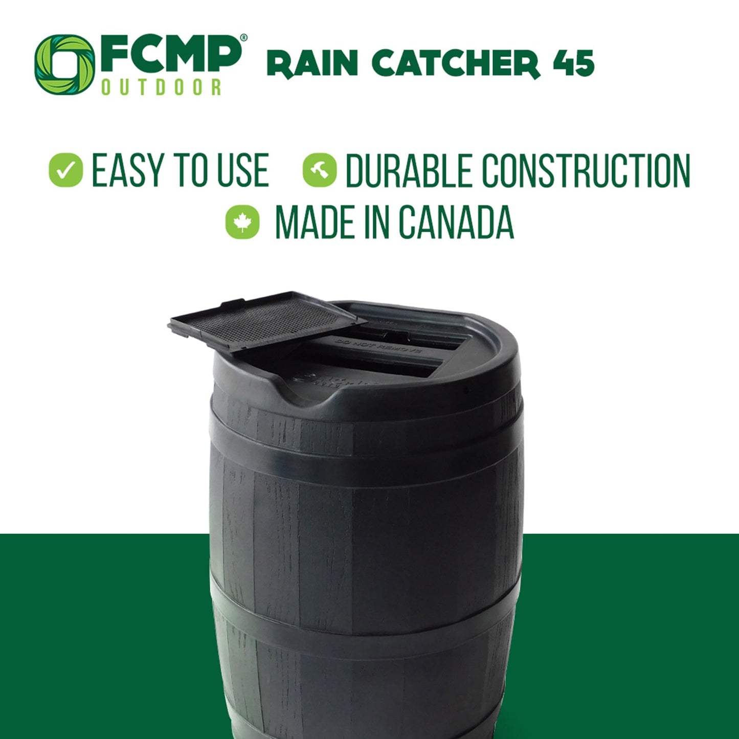 FCMP Outdoor 45 Gallon Heavy Duty Rain Water Catcher Barrel Container with Hose and Debris Screen for Outdoor Plants, Garden, and Landscapes (RC45-BLK) Black