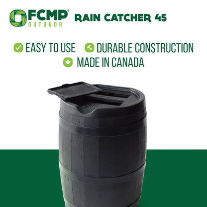 FCMP Outdoor 45 Gallon Heavy Duty Rain Water Catcher Barrel Container with Hose and Debris Screen for Outdoor Plants, Garden, and Landscapes (RC45-BLK) Black