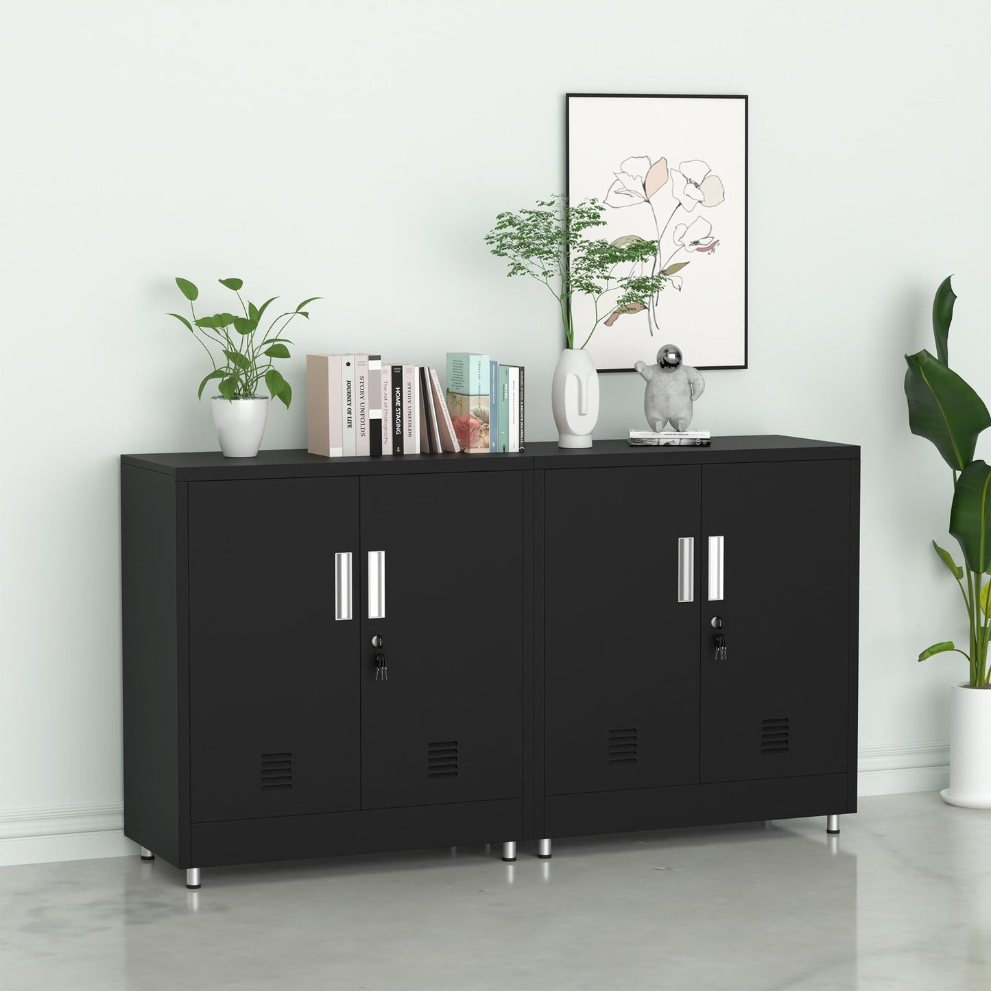 JINKUR Metal Storage Cabinet with Locking Doors and Adjustable Shelf, Small Lockable Sideboard Buffet Cabinet for Home, Office, Entryway, Hallway, Living Room, Kitchen and Dining Room (Black)