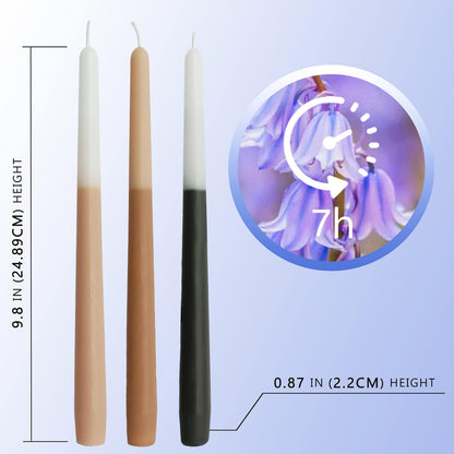 10 Inch Taper Candles Set of 6, Bluebell Scent Handmade Brown Beige Black Color Block Tapered Candles, Candle Stick Dinner Candles for Wedding Candlesticks