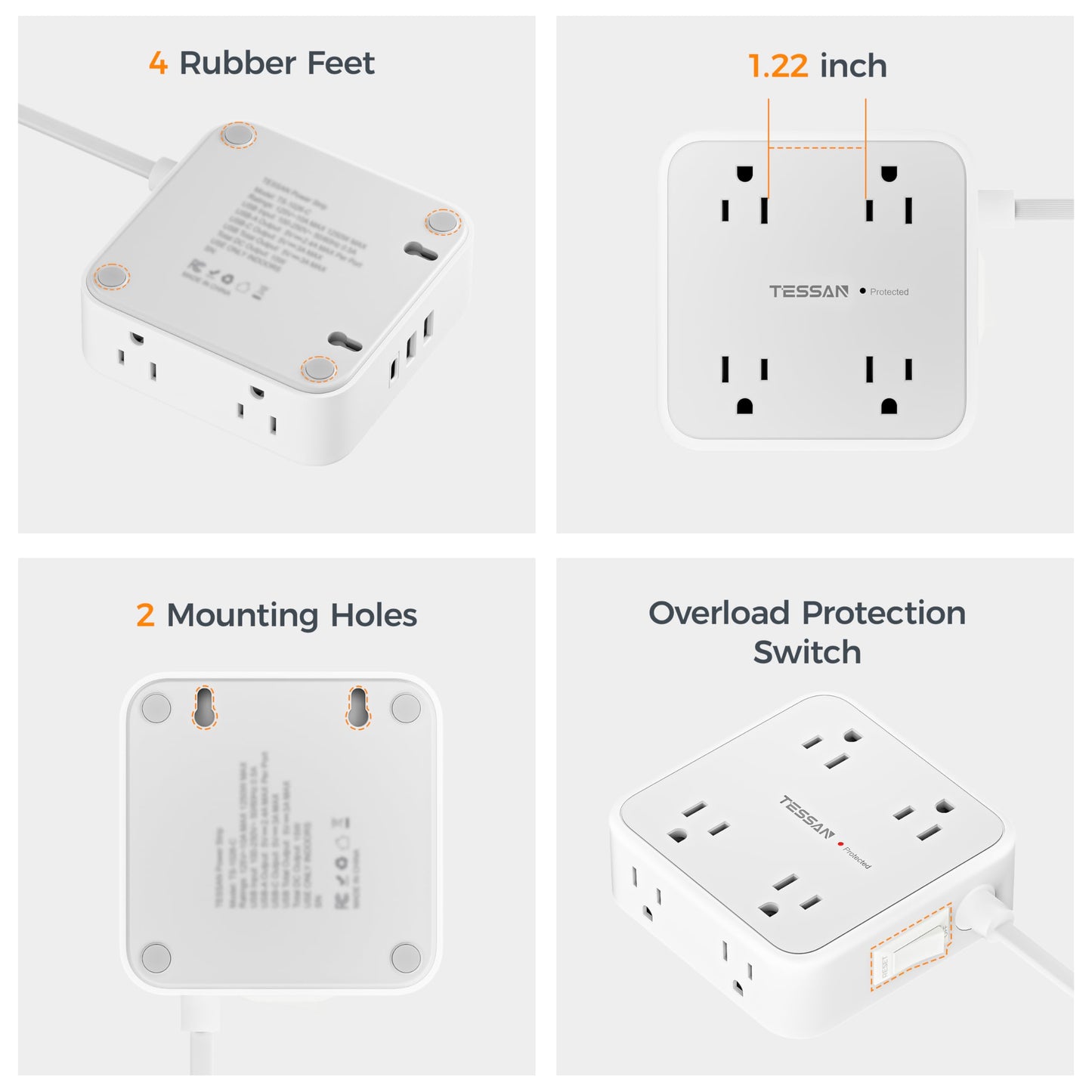 TESSAN Surge Protector Power Strip, 5 Ft Flat Plug Extension Cord with 3 USB (1 USB C) 8 Outlets, 900J Surge Protection, 3 Sided Outlet Extender with Power Switch for Office, Dorm Room Essentials