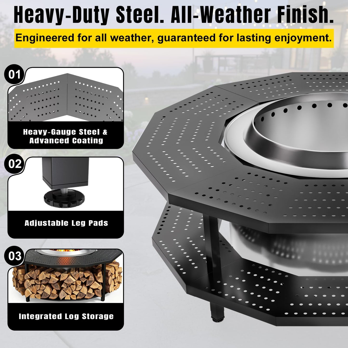 48" Fire Pit Surround Tabletop for Solo Stove Yukon Portable Protective Barrier for Wood Burning Fire Pits Outdoor Bonfire Fire Pit with Firewood Storage Shelf
