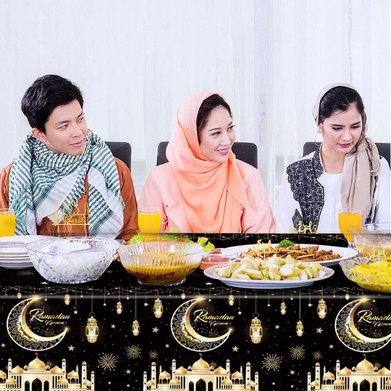 Qpout 3 Pack Ramadan Tablecloths, Disposable Plastic Rectangle Eid Table Covers with Moon and Star Design for Ramadan Mubarak Decorations, 108 x 54 Inches