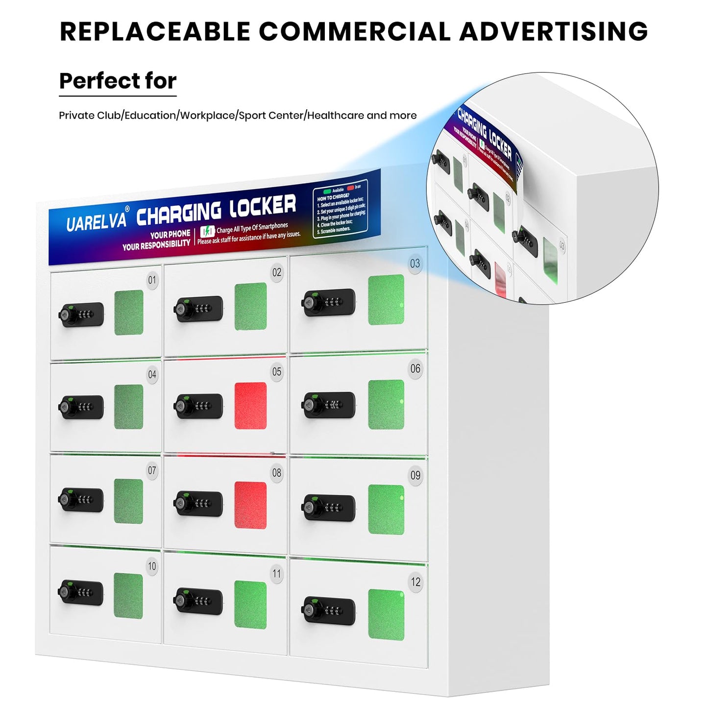 UARELVA Metal Locker 12 Slots Storage Cabinet with Password Lock | Cell Phone Charging Station Locker | White Steel Storage Lockers for Employees,Schools,Hotel,Library,Gym
