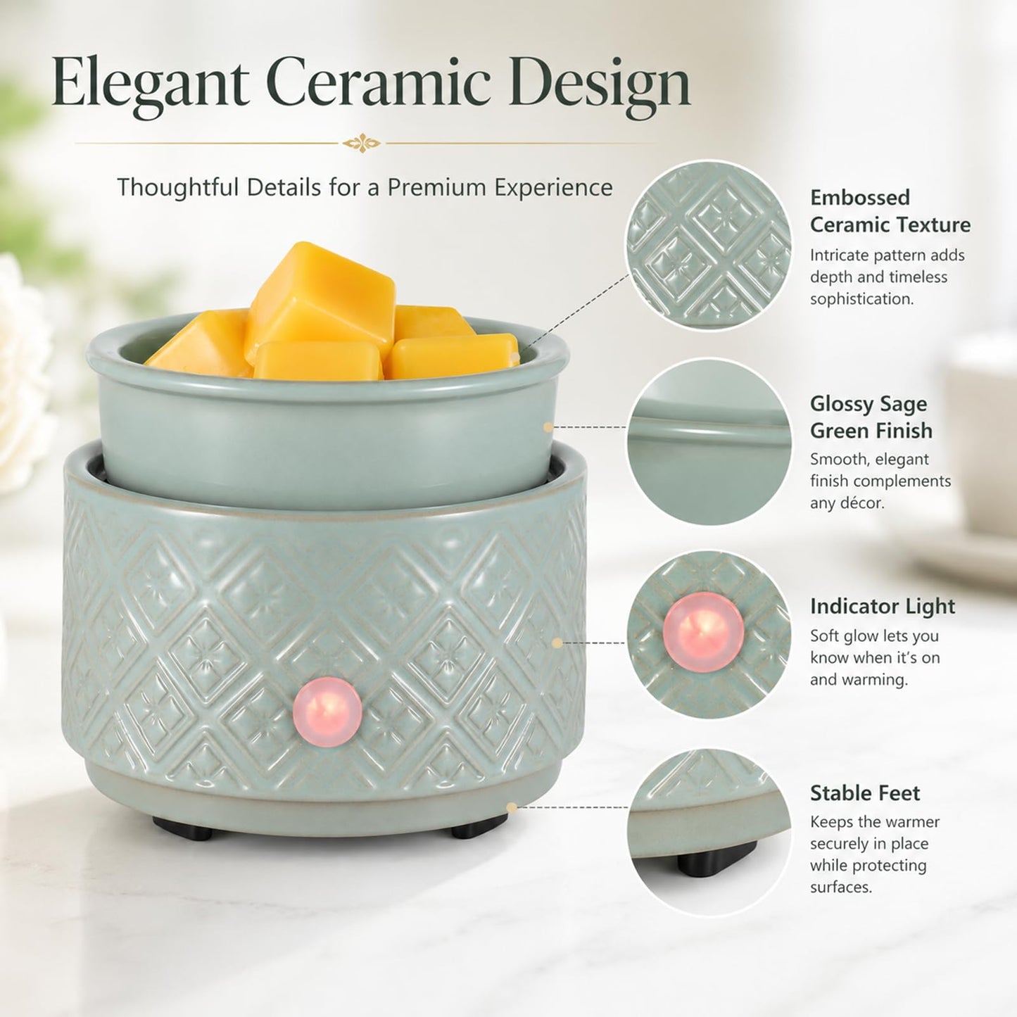 Wax Melt Warmer for Scented Wax,3-in-1Ceramic Wax Warmer Fragrances Candle Oils, Home Fragrance Burner,Electric Candle Warmer Perfect Christmas Gifts for Mom Women(Gree)