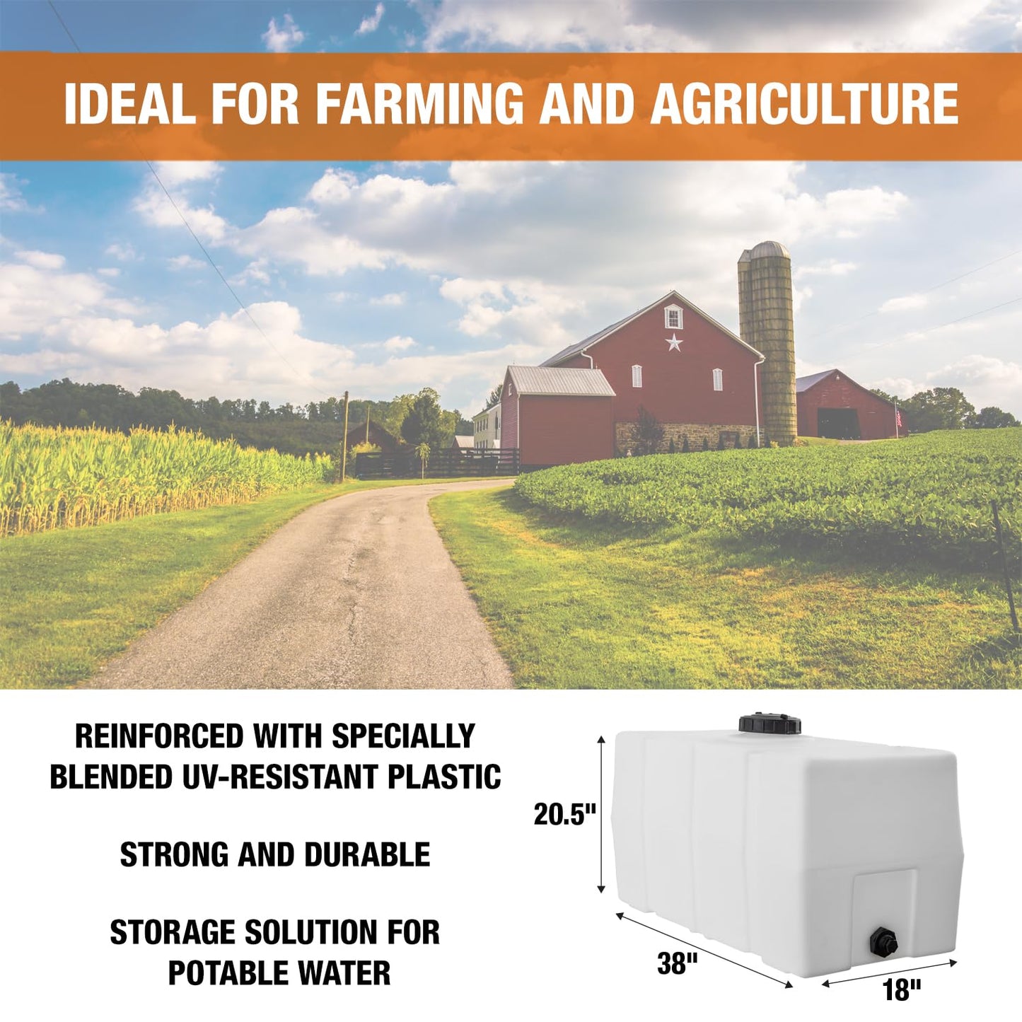 RomoTech 82123919 Horizontal Square Reservoir Water Tank, 50 Gallon, Made in USA, Natural Poly Tank for Non-Flammable Liquids, UV-Resistant, Ideal for Agricultural Use, RV Water Storage, White