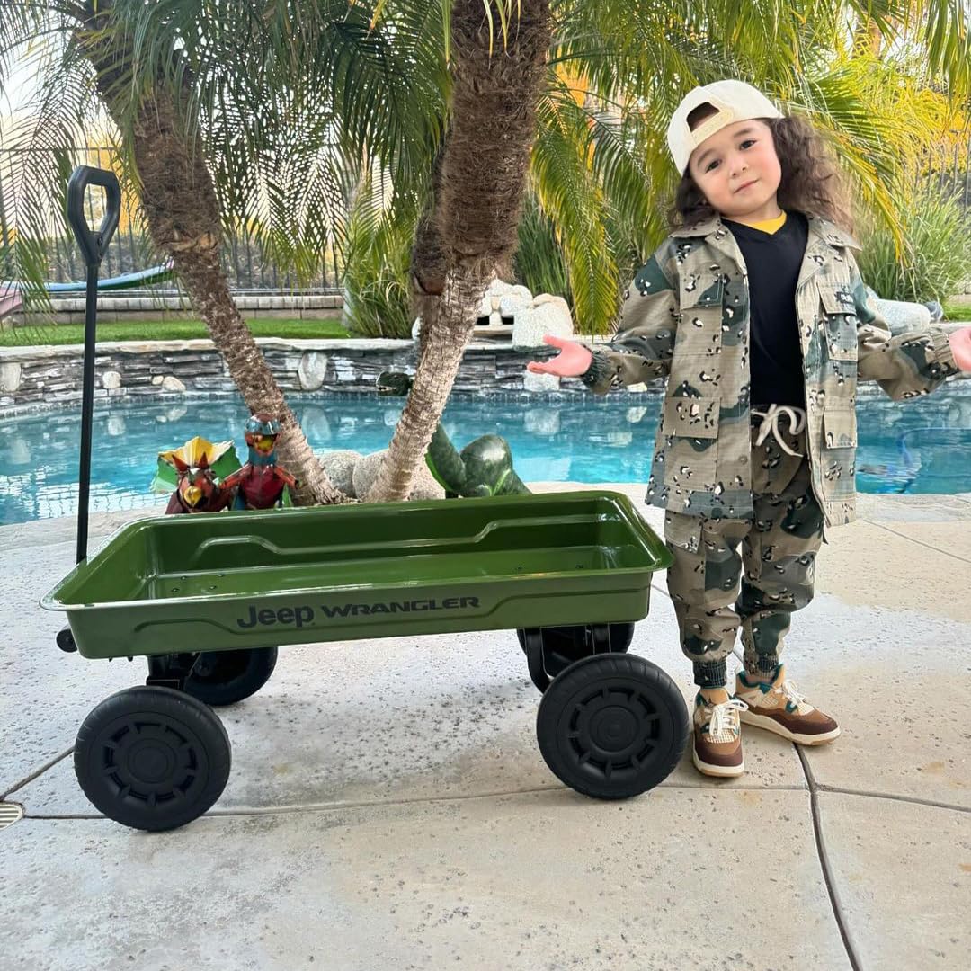 Jeep Wrangler Classic Kids Wagon by Delta Children – Rolling Utility Cart with All-Terrain Tires, Fold-Under Handle, Steel Body Pull Wagon for Outdoor Play, Olive Green Willys Jeep Heritage Design