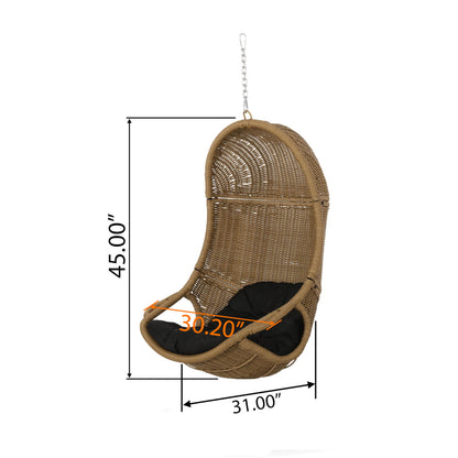 Christopher Knight Home Mariaz Hanging Basket Chair with Cushion, Outdoor Indoor Basket Chair, Boho Garden Rattan Lounger Porch Swing Furniture, Modern Patio Decor, Brown+Gray