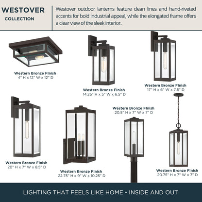 Quoizel Westover 12" Outdoor Flush Mount Ceiling Light, 2-Light Western Bronze with Clear Beveled Glass, E12 Base, ETL Damp Rated