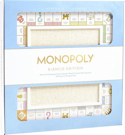 WS Game Company Monopoly Bianco Edition White Wood Board Gold-Tone Tokens Grasscloth-Textured Center Solid Wood Houses &amp Hotels Premium Accessories Board Games for 2-6 Players