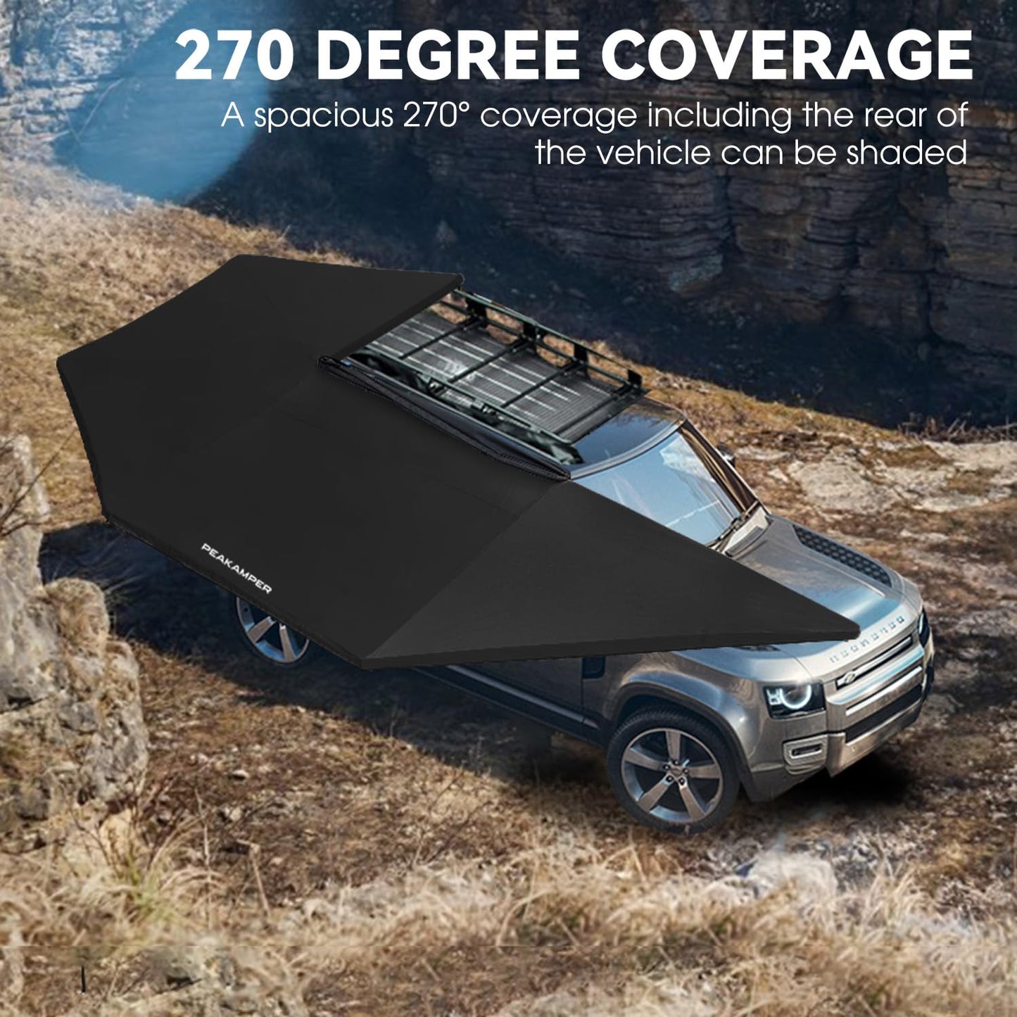 Peakamper 270 Awning Free Standing w/LED Light, 108 sq ft Shelter Car Side 270 Degree Awning, UV50+ Waterproof Wind Resistant for SUV Van Truck Vehicle, Passenger Side