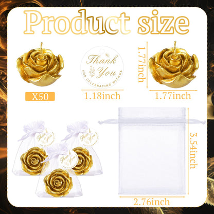 Treela 50 Set Flower Candles Wedding Favor for Guests Mini Gold Rose Shaped Tealight Candles for Return Gift Wedding Birthday Bridal Shower Housewarming Party