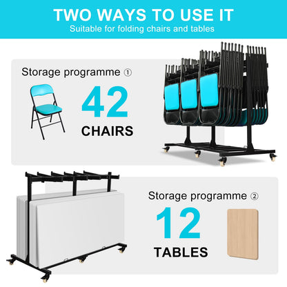 Folding Chair Cart Holds 42 Chairs, 500-lb Capacity Heavy-Duty Folding Chair Rack with Locking Rubber Wheels for Churches, Banquets, and Weddings