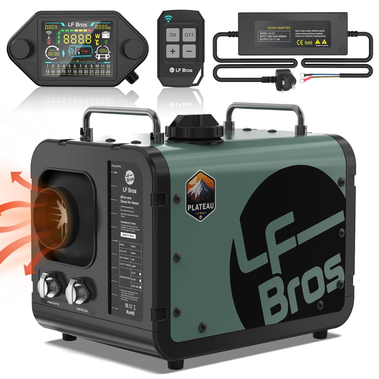 LF Bros 110V/12V 5KW All-in-1 Diesel Heater, 5L Air Diesel Parking Space Heater with Plateau Mode, Come with Remote, T4 LCD Controller and Timer, Suitable for Home Shop Garage Camper