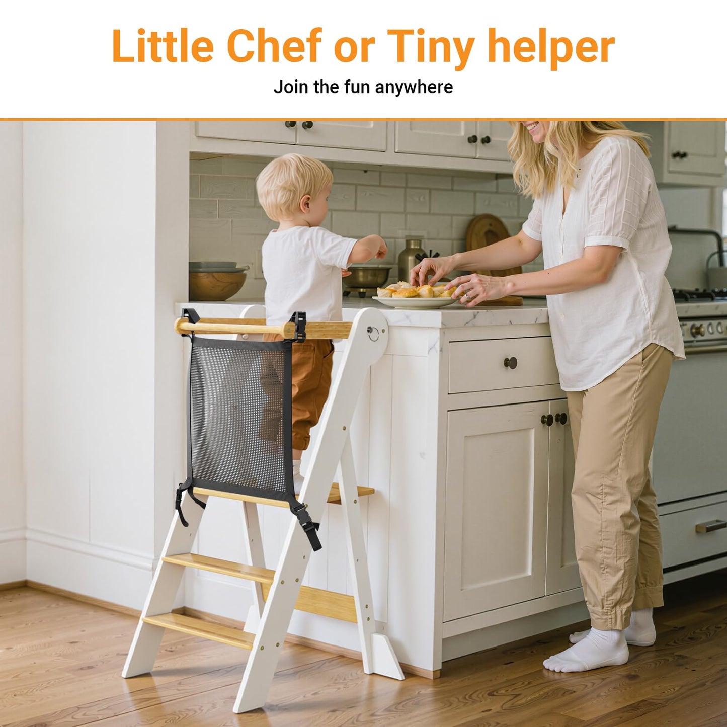 COSYLAND Foldable Toddler Kitchen Stool Helper - Height Adjustable Standing Tower for Bathroom Sink or Kitchen Counter - Step Stool for Toddlers Ages 18 Months to 6 Years White & Natural