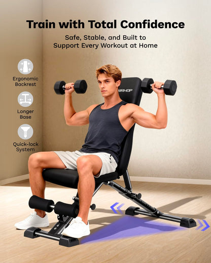 AIRHOP Upgraded Adjustable Weight Bench, Bench Press Full Body Workout, Quick Fold Space Saving, Workout Bench for Home Gym Strength Training