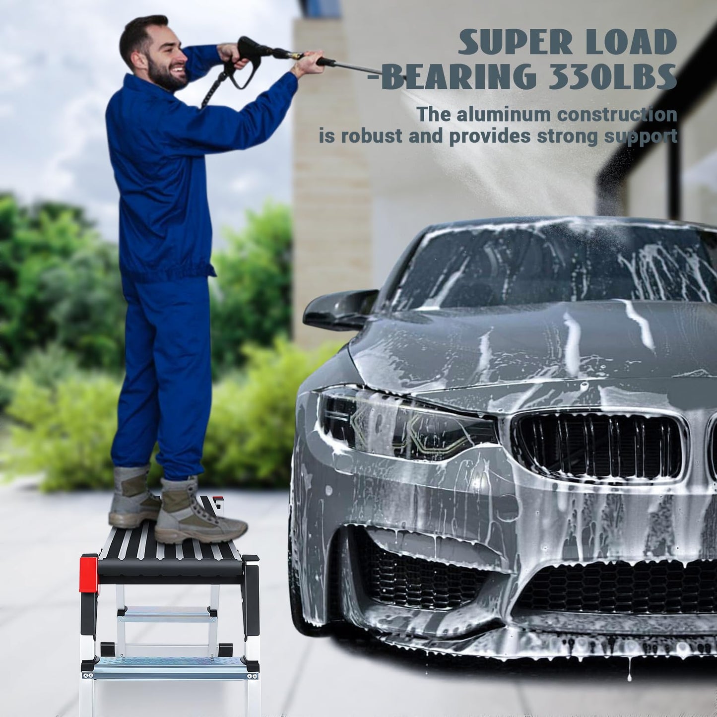 Work Platform Two Step Ladder, 50"×12"×27" Aluminum Platform, Heavy Duty Folding Work Bench Non-Slip 330 lbs Load Capacity for Washing Vehicles, Cleaning, Painting