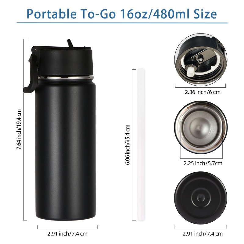 Volhoply 16 OZ Kids Water Bottle Bulk 8 Pack,Insulated Sports Bottles with Straw Lid,Stainless Steel Bottle with Handle Keep Cold & Hot,Double Wall Vacuum Tumbler Cups for School,Girls(Black, 8)
