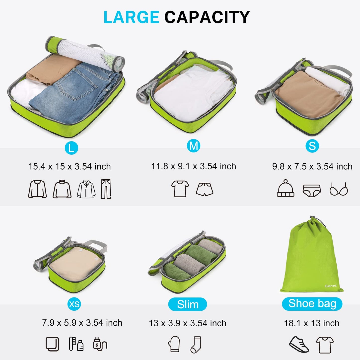 Gonex Travel Compression Packing Cubes Set, 6 Pcs, Green & Rolling Duffle Bag with Wheels, 25 inch, Black