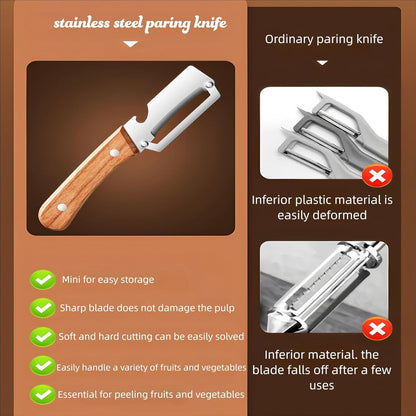 Skiennix Multi-Functional Vegetable Peeler - 2-in-1 Stainless Steel Tool with Wooden Handle & Bottle Opener