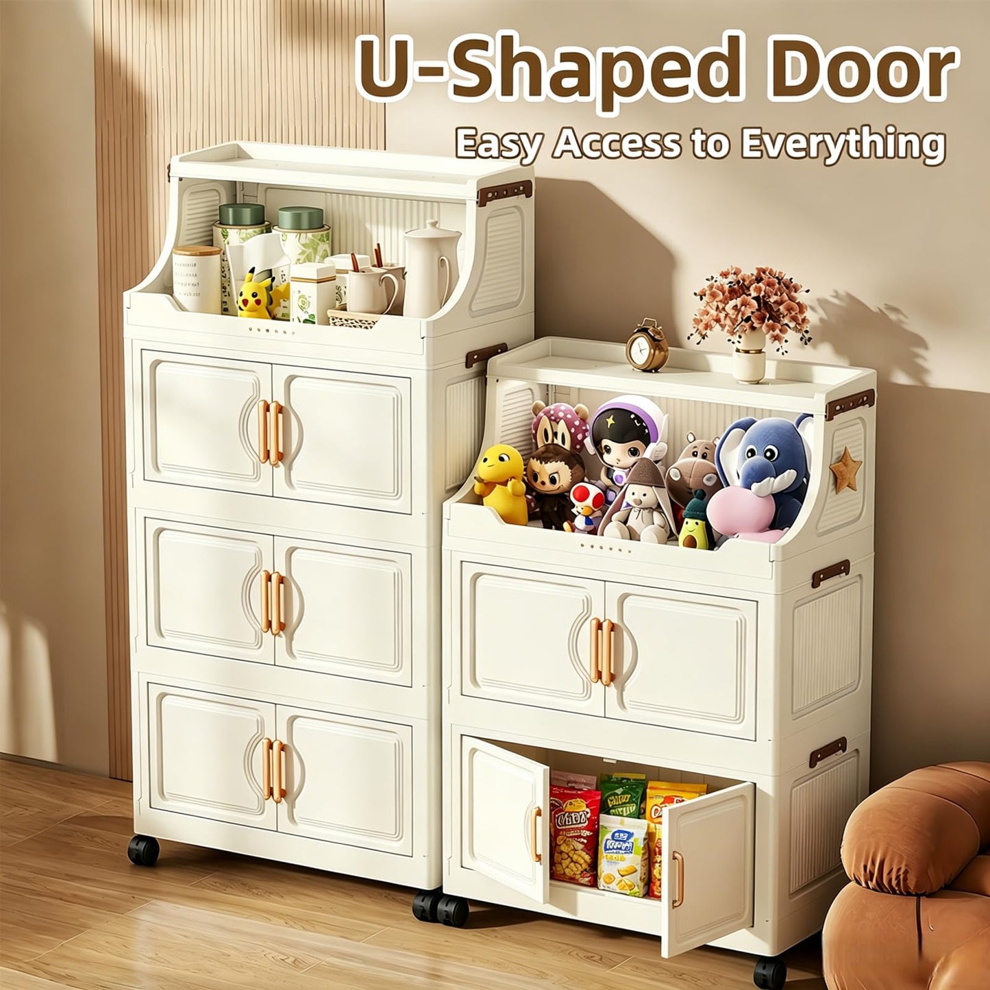 260QT Stackable Storage Bins with Lids & Rack, 6 Tier Large Capacity Foldable Storage Cabinet, Clear Collapsible Pantry Organizer for Home, Kitchen, Bathroom, Dorm, Office, White