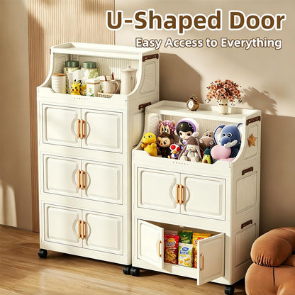 260QT Stackable Storage Bins with Lids & Rack, 6 Tier Large Capacity Foldable Storage Cabinet, Clear Collapsible Pantry Organizer for Home, Kitchen, Bathroom, Dorm, Office, White