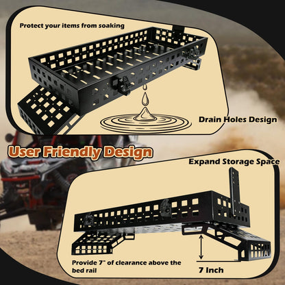 TOPOWN UTV Overbed Cargo Rack with Adjustable Mounting Brackets Accommodate Bed Rail Widths from 39.7”-56.3”(Inside Width), Molle Panel Sides UTV Bed Racks with Tool Clamps and Gas Can Mount