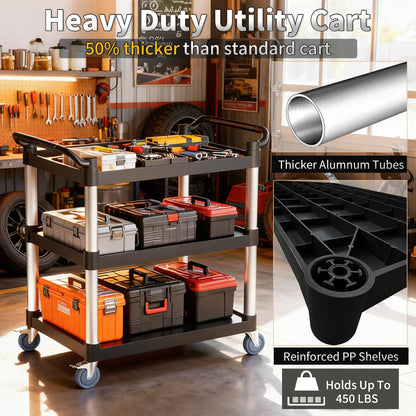 Utility Cart with Tangle-Free Wheels, Large Size 3 Tier Rolling Service Cart with Wheels(2 with Brakes), Heavy Duty 450 Lbs Capacity,Commercial Serving Cart for Home, Office, Restaurant, Warehouse.