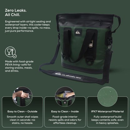 Quiksilver Tote Bag Soft Cooler 20L, Holds 24 Cans, 48 Hour Insulation, Leakproof & Waterproof Design, Heavy Duty TPU, IPX7, Multiple Padded Straps, Bottle Opener (Trekking Green)