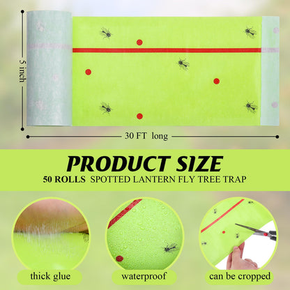 Qualirey 50 Rolls Spotted Lantern Fly Traps 30 Feet Each Roll Fly Tree Trap Sticky Strips Outdoor Fruit Glue Strips Disposable Tape Indoor Paper Sheets for Protecting Trees (Green)