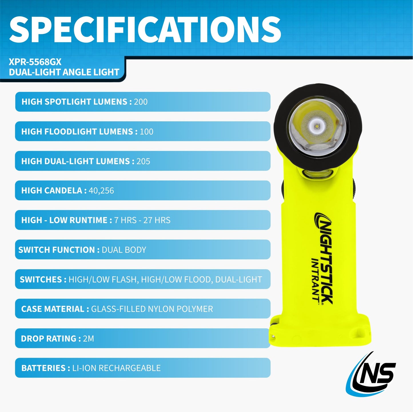 Nightstick XPR-5568GX Intrant Rechargeable Intrinsically Safe Permissible Dual-Light Angle Light (Green)