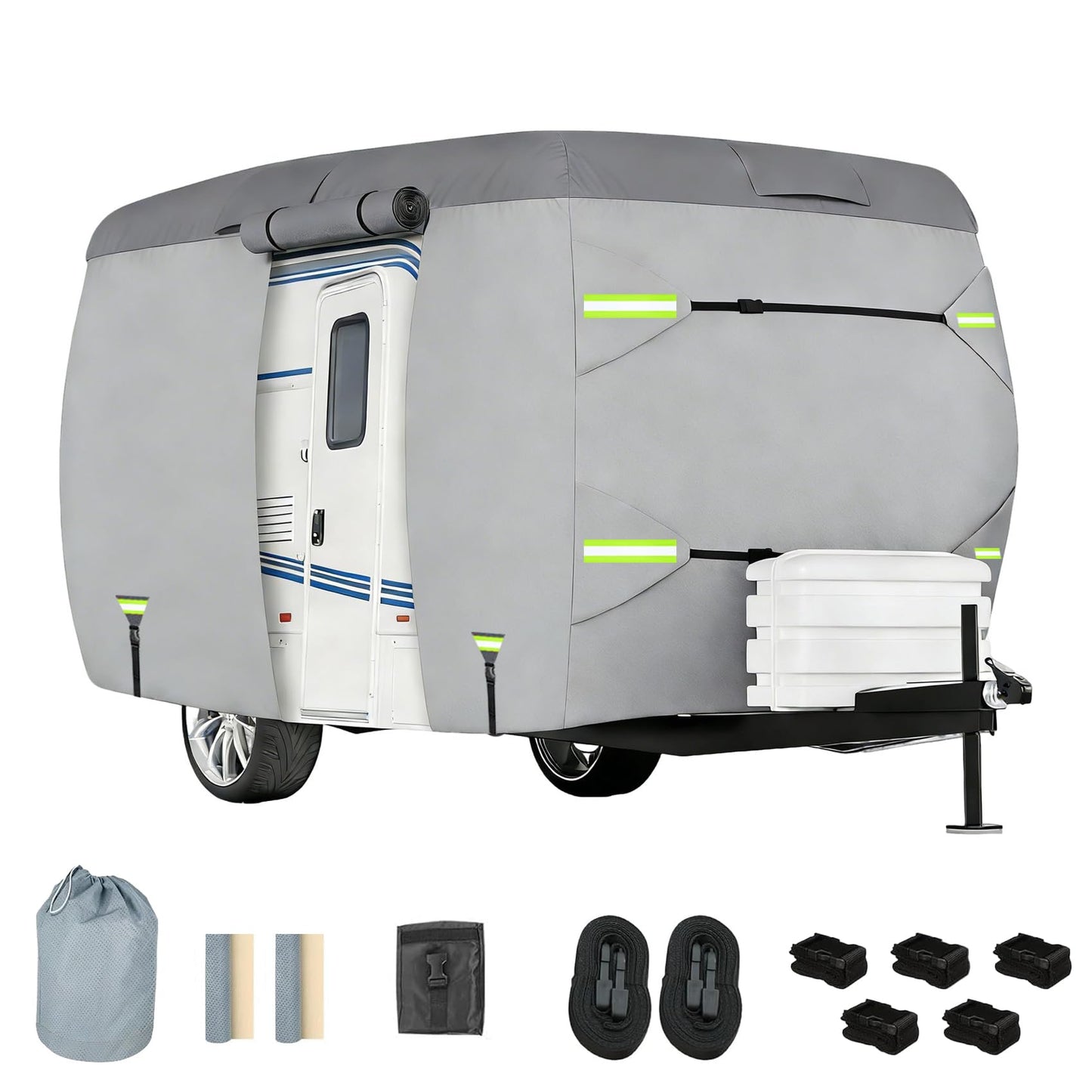 RV Cover, Travel Trailer, Lightweight Waterproof Camper Cover with Tire Covers, Tongne Jack Caps, Windproof Straps Winter Campsite,All-Weather Protection (13-16FT Fiberglass Travel Trailer Cover)