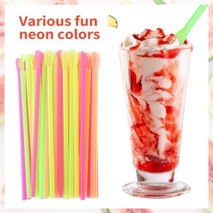 Eaasty 1000 Pcs Snow Cone Spoon Straws, Flexible Plastic Flexible Disposable Drinking Straws, Disposable Plastic Sip Stir Sticks (Yellow,Green,Orange,Rose Red)