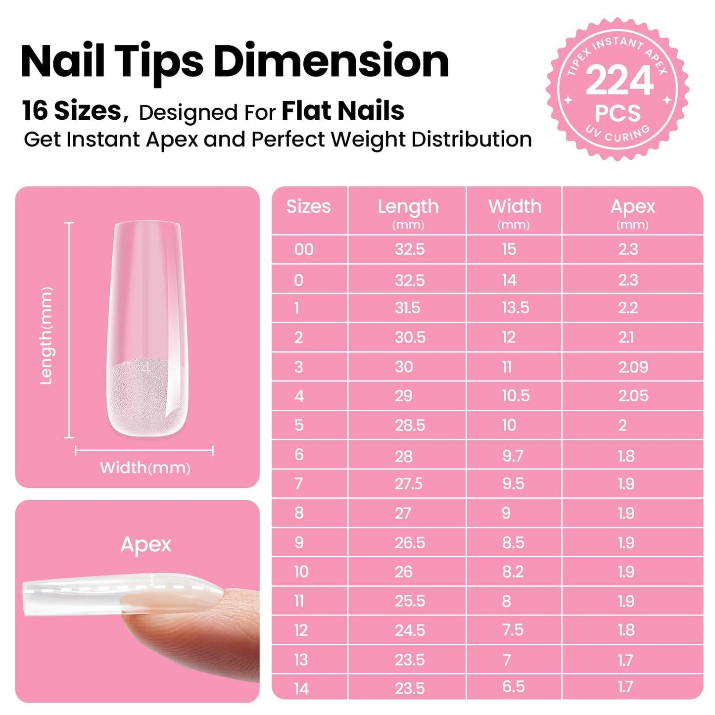 Beetles Tipex Instant Apex Nail Tips Kit, Coffin Long 224Pcs 16 Sizes Pre-Building & Pre-Etched Thicker Acrylic Nails False Nail Extension with Tipex Nail Glue Mini Nail Lamp