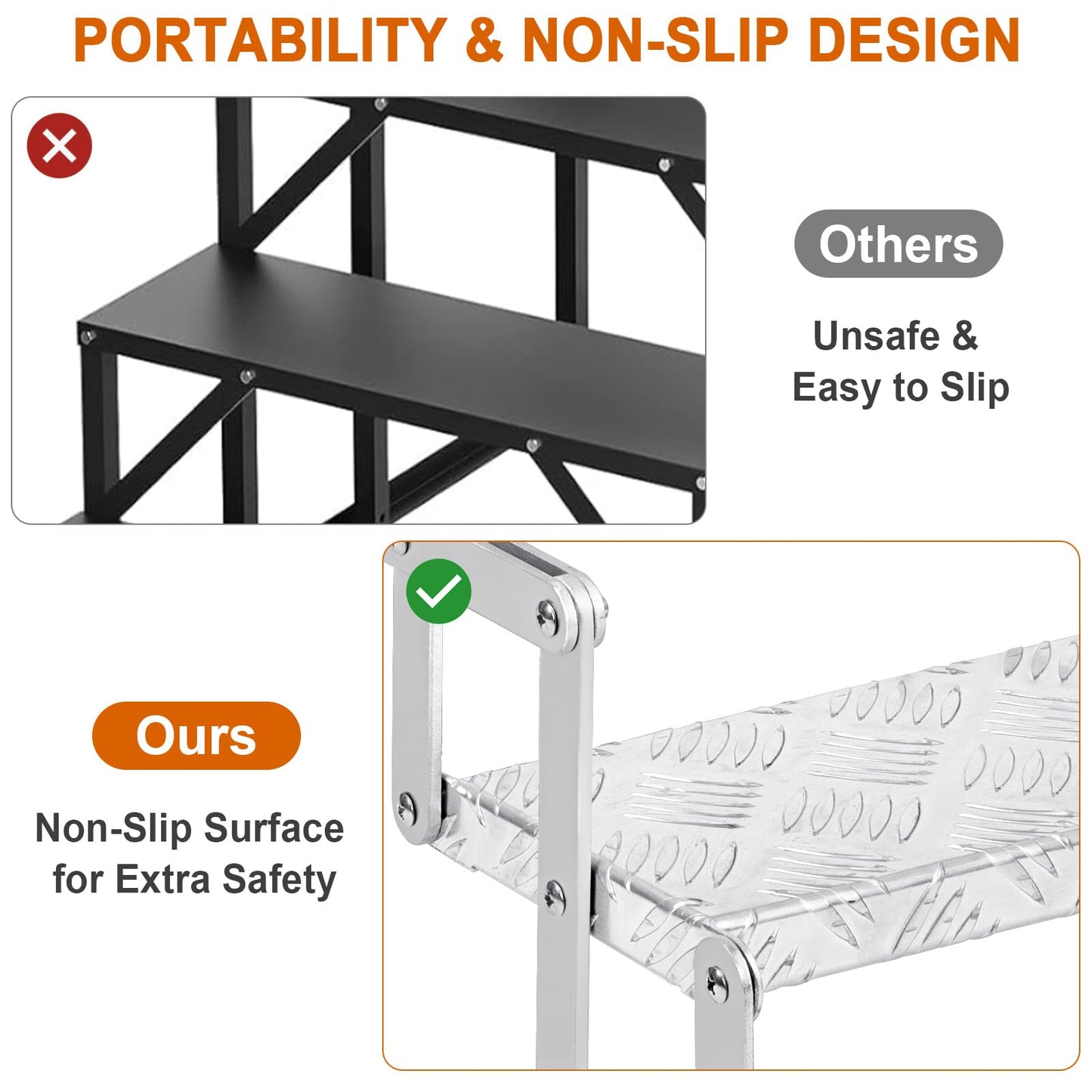 KodMtiz Aluminum Scissor Stairs, 3 Steps Outdoor RV Step Ladder, 18" Wide Camper Stair Ladder with Anti-Slip Surface, Portable Stairs for Travel Trailer, Silver