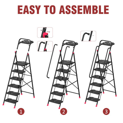 6 Step Foldable Step Ladder with Roomy Tool Tray & Secure Handrail, Wide Pedals Platform Stool 800lbs Capacity for Adults Home Kitchen