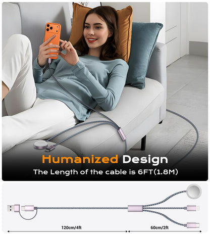 Temdan for Travel Vacation Essentials,3 in 2 USB C Cable for Apple Watch Charger/iPhone 17 Charger/Lightning,Multi Charging Cable Cord,Camping Essentials,Designed for iWatch &iPhone 16-12-5FT Purple