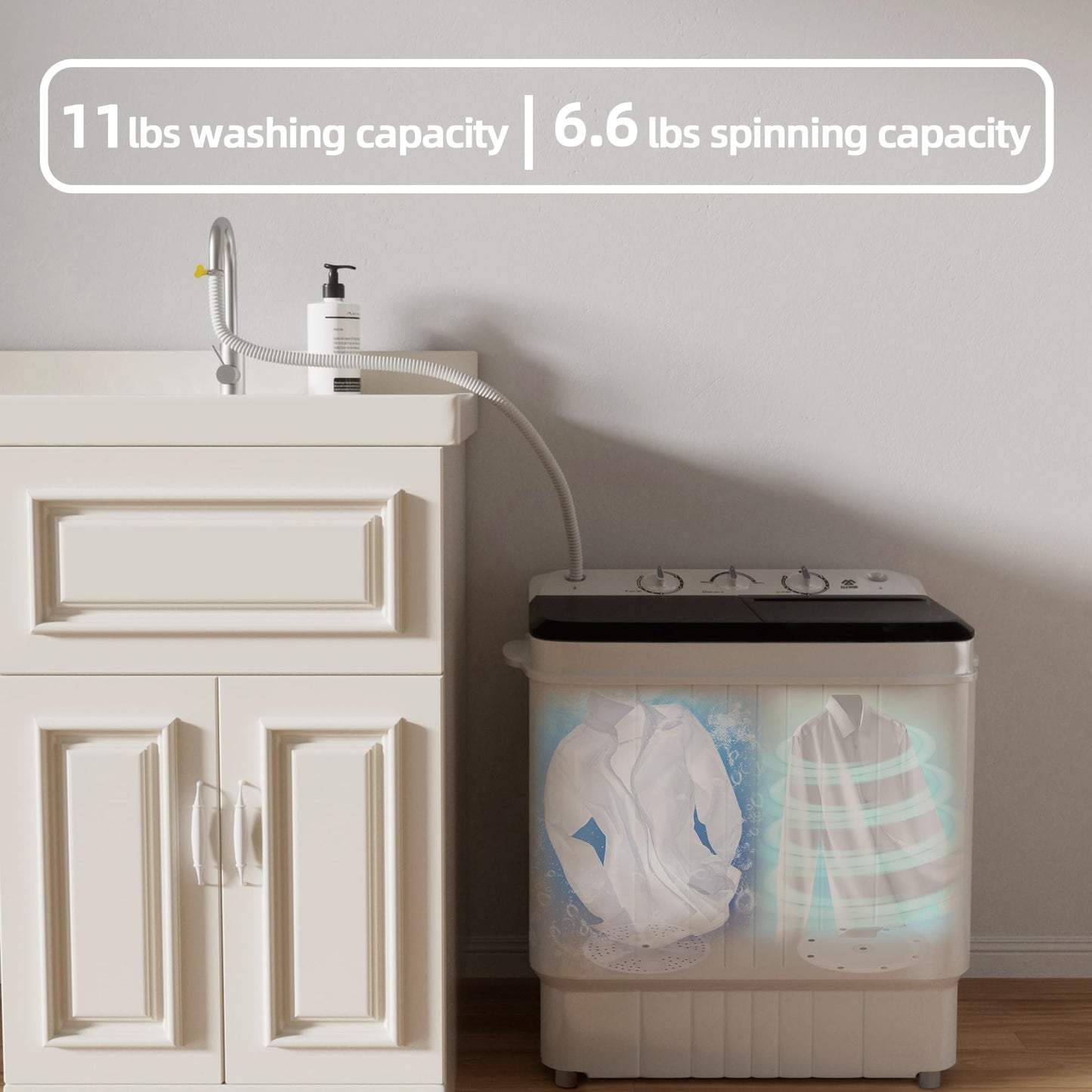 Elevon Portable Washing Machine Twin Tub 17.6 Lbs Capacity, (11 Lbs) and Spinner(6.6 Lbs) Combo Mini Compact Laundry Washer for Home, Apartment, Camping, RVs and Dorms, Black/White
