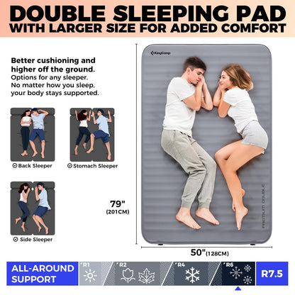 KingCamp Premium Double Self Inflating Sleeping Pad with Air Pump, 7.5 R-Value Air & Foam Camping Mattress 2 Person, 3" Thick Full Size Double Insulated Sleeping Pad for Car Camp Tent, PVC Free, Grey