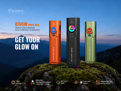 Fenix E06R Pro RG Flat EDC Flashlight, 1600 Lumens, Red Light Modes, Green Module, USB-C Rechargeable Pocket Flashlight with Lumentac Organizer (Orange)